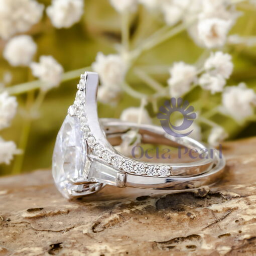 pear With Baguette Cut CZ Three Stone With Deep V Shape Wedding Bridal Ring Set