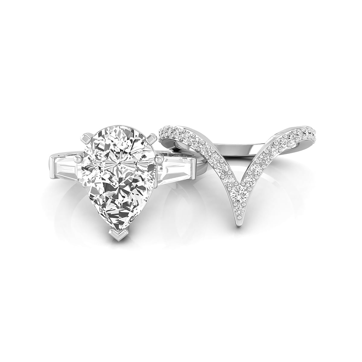 Pear With Baguette Cut CZ Three Stone With Deep V Shape Wedding Bridal Ring Set (5 1/5 TCW)