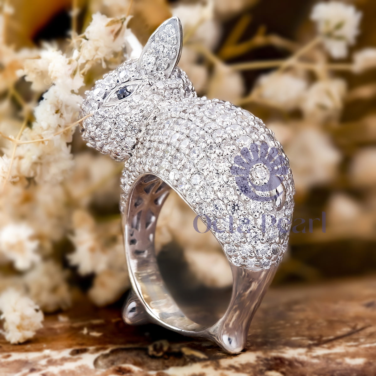 Black & White Round Cut Pave Setting CZ Stone Cocktail Party Wear Bunny Rabbit Ring For Men & Women
