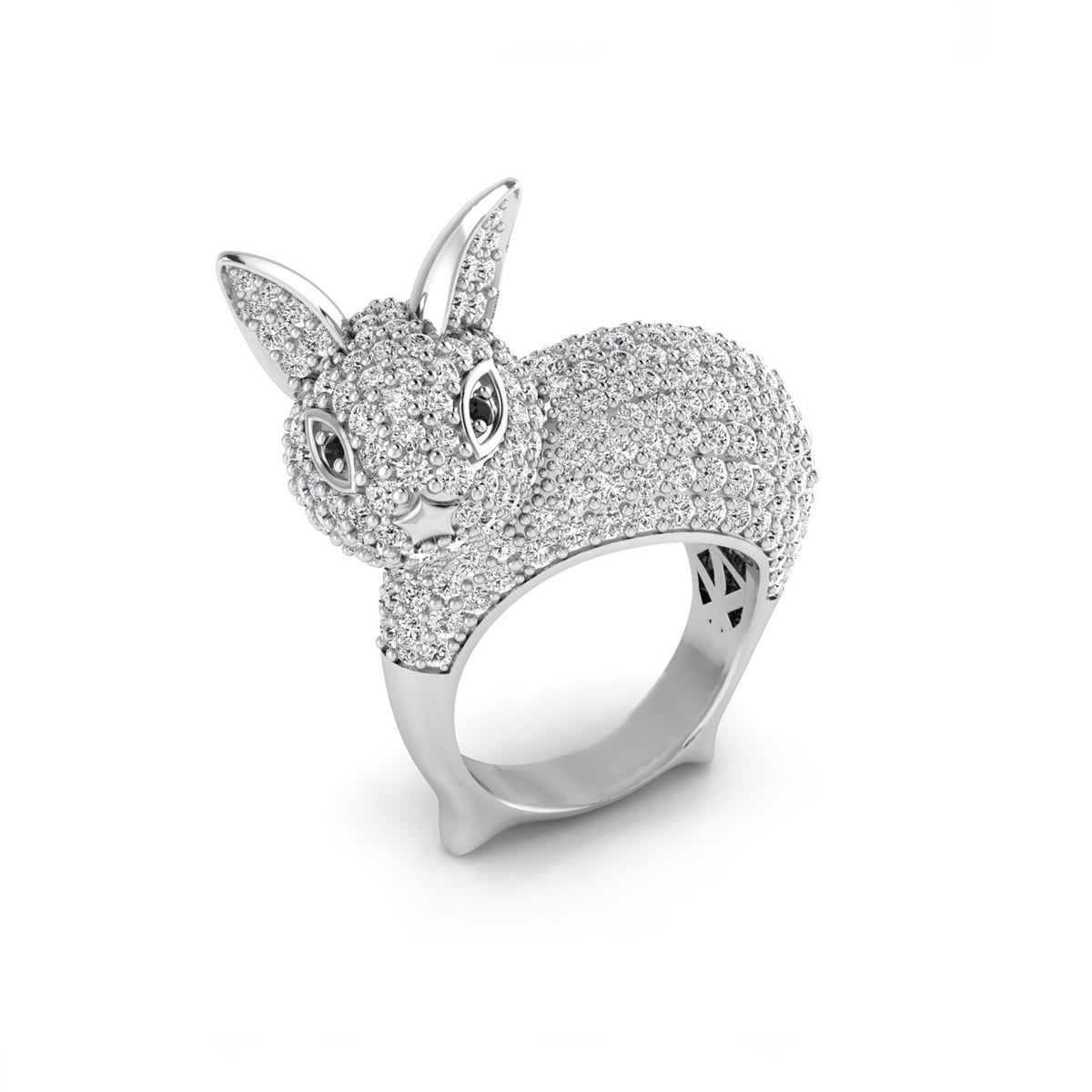Black & White Round Cut Pave Setting CZ Stone Cocktail Party Wear Bunny Rabbit Ring For Men & Women