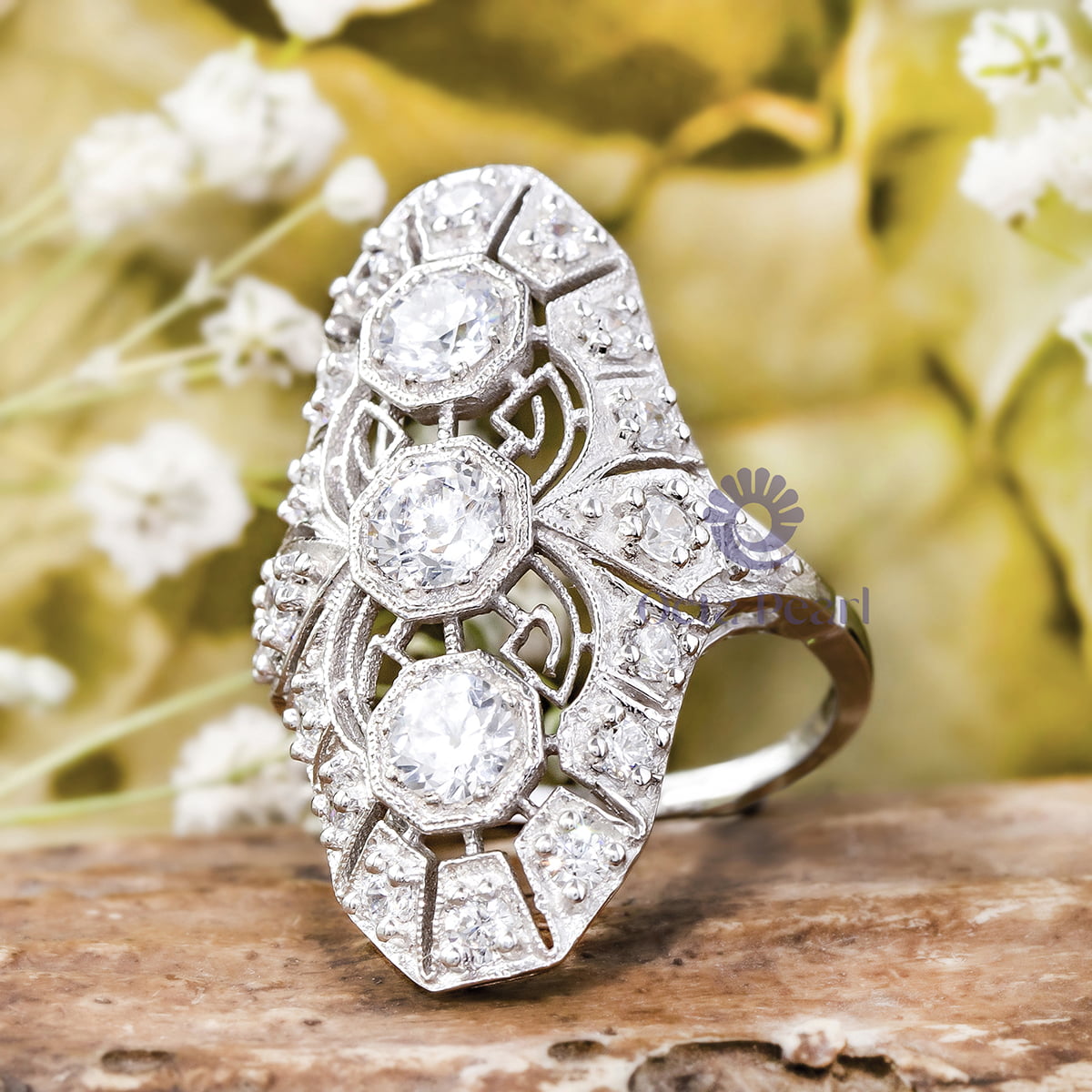 Old European Cut Moissanite Three Stone Art Deco Filigree Ring For Wedding ( 2 3/8 TCW )