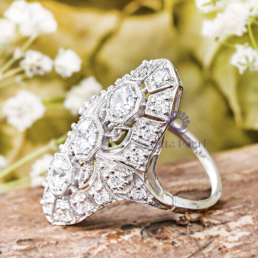 Old European Cut Moissanite Three Stone Art Deco Filigree Ring For Wedding