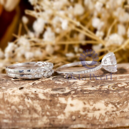 Round Cut Moissanite Art Deco Three Piece Bridal Ring Set