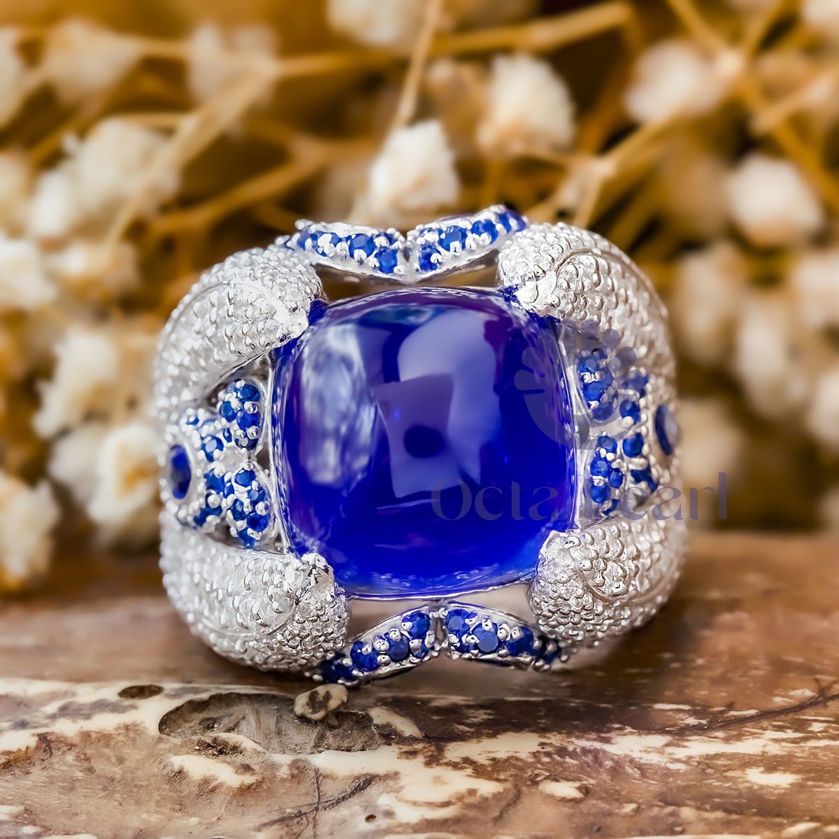 15 MM Blue Sapphire Cushion Shape Cabochon With Multi Stone Cocktail Party Wear Ring