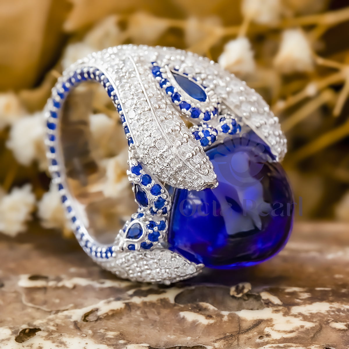 15 MM Blue Sapphire Cushion Shape Cabochon With Multi Stone Cocktail Party Wear Ring