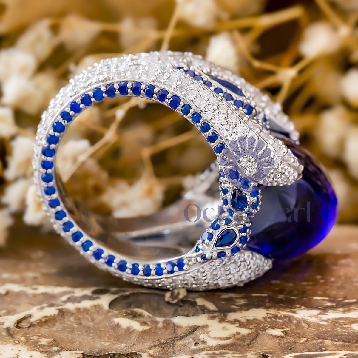 Blue Sapphire Cushion Shape Cabochon With Multi Stone Cocktail Party Wear Ring