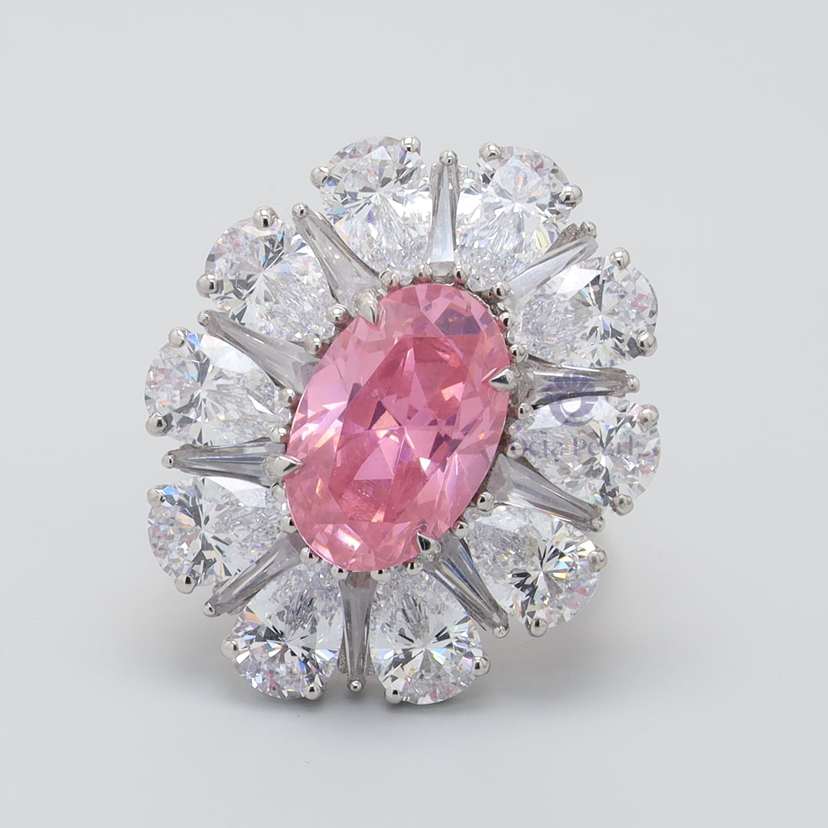 Baby Pink Oval With White Pear Cut CZ Stone Floral Inspire Cocktail Ring For Mother's Day Gift