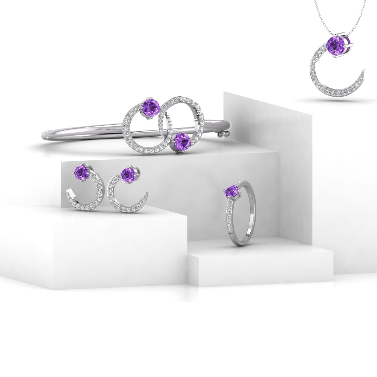 Amethyst Round CZ Stone Half Circle Shape Minimalist Pendant With Earrings, Bracelet And Ring (2 3/8 TCW)
