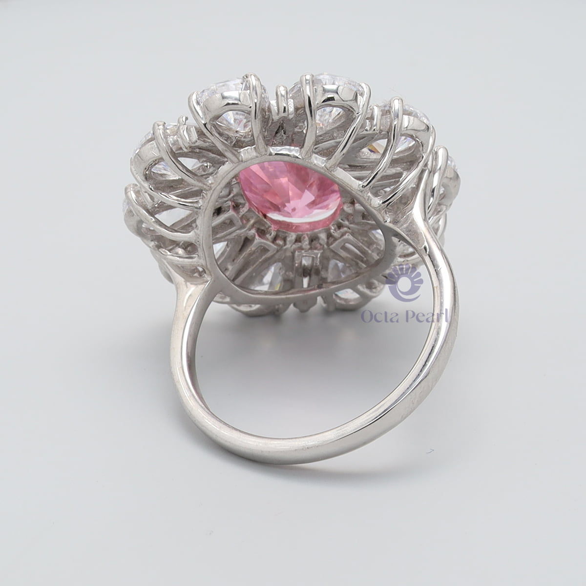 Baby Pink Oval With White Pear Cut CZ Stone Floral Inspire Cocktail Ring For Mother's Day Gift