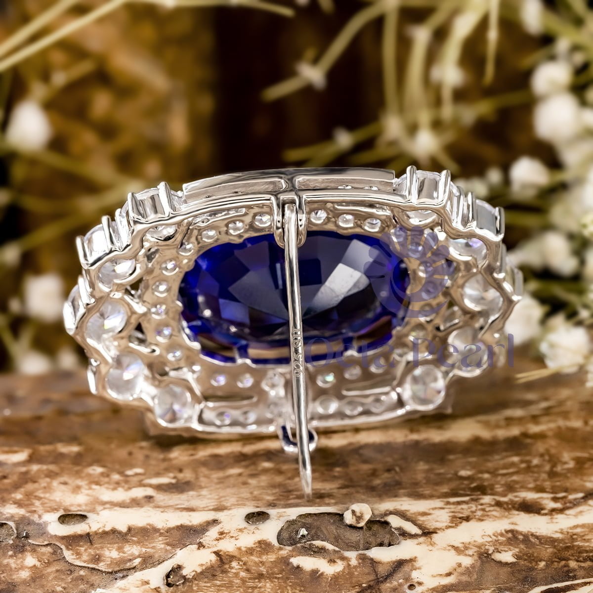 Blue Sapphire Oval With Round Cut CZ Stone Royal Look Pretty Brooch In 925 Silver