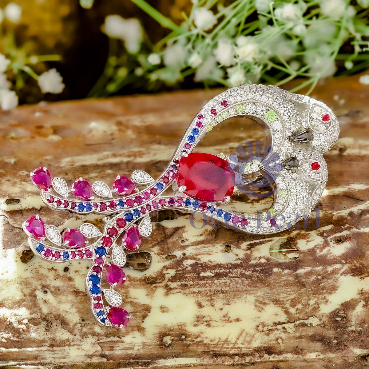 Pink Cushion With Round Multi Color CZ Stone Heart Shape Parrot Love Bird Brooch (6 4/5 TCW)