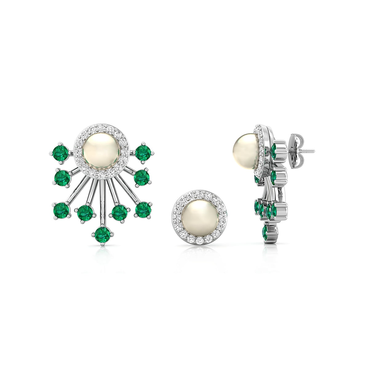 Pearl With Round Green & White Stone CZ Halo Stud Earrings Jackets