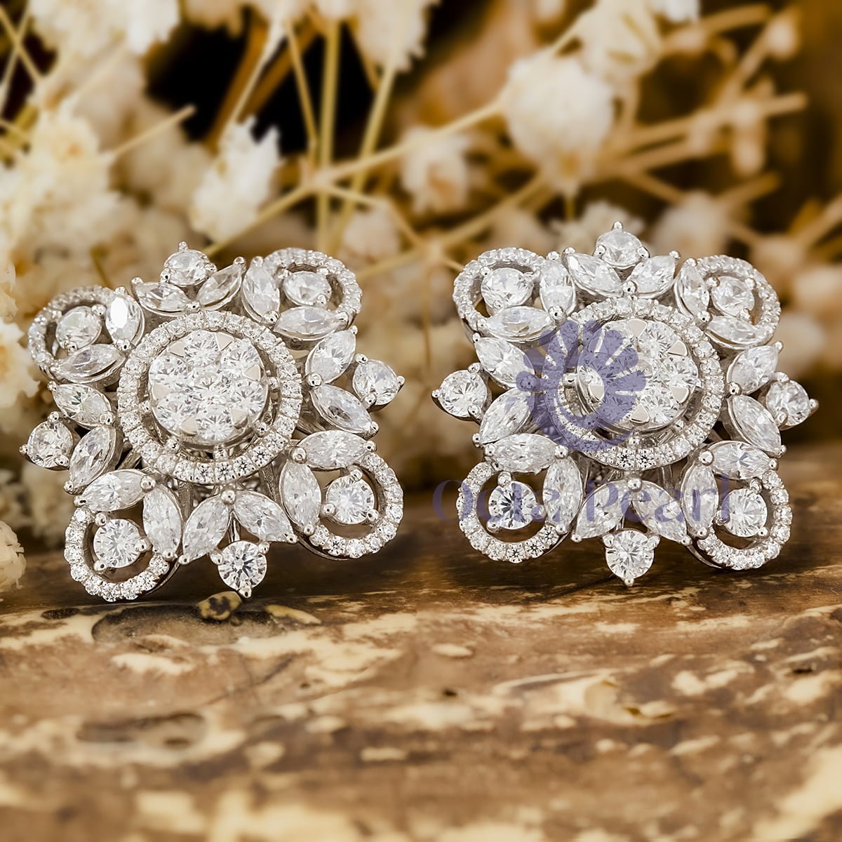 Round & Marquise Cut CZ Stone Frame Floral Inspire Stud Earrings (5 5/9 TCW)