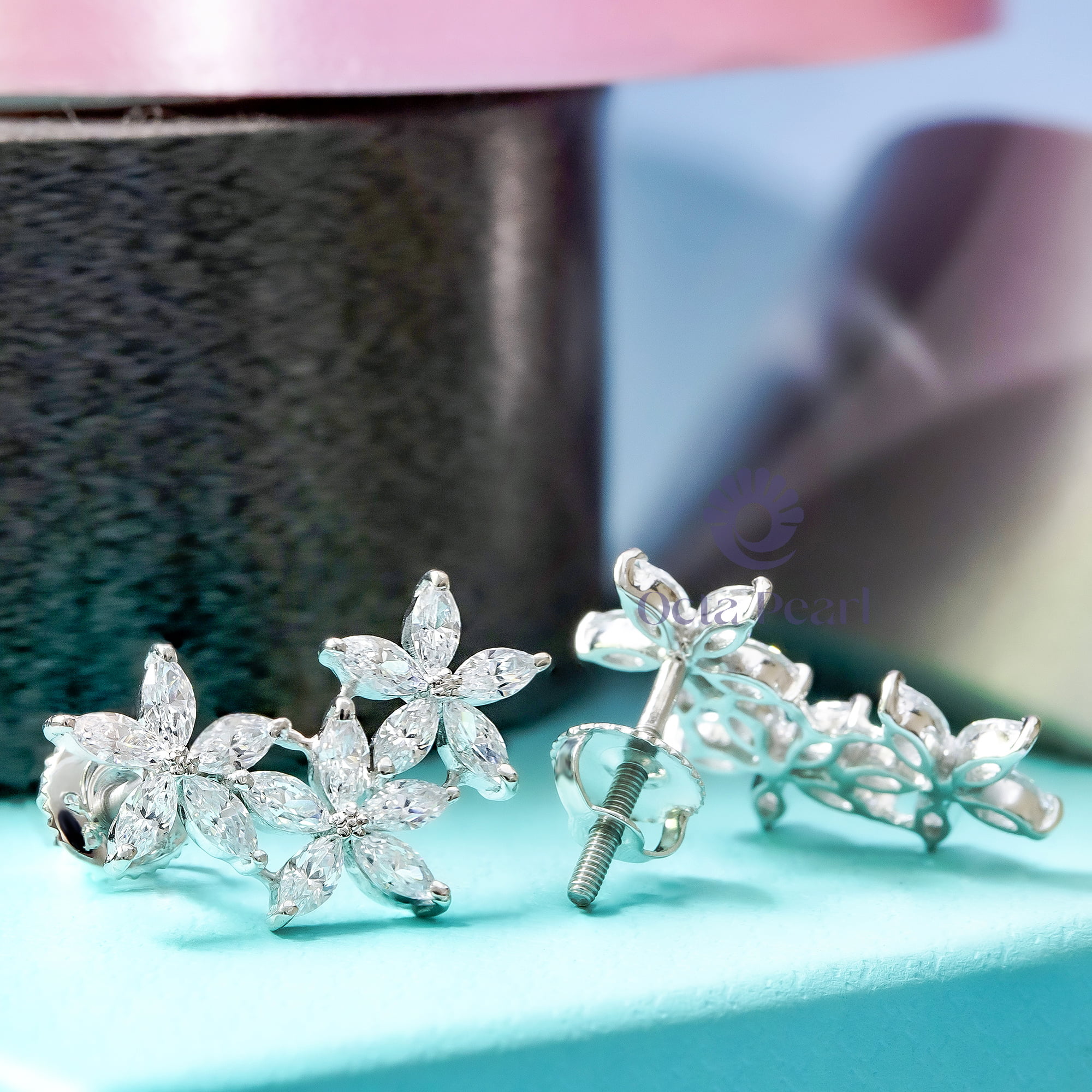 Party Wear Marquise Cut CZ Stone Floral Design Stud Earrings