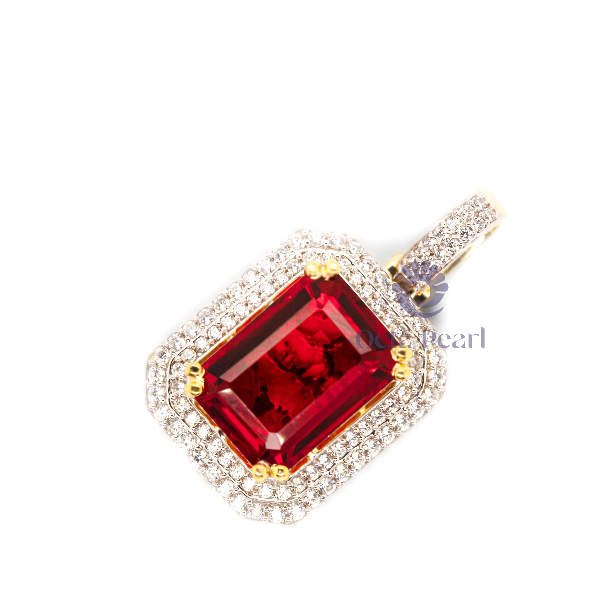 Red Emerald Cut CZ Stone Double Frame Party Wear Pendant For Women
