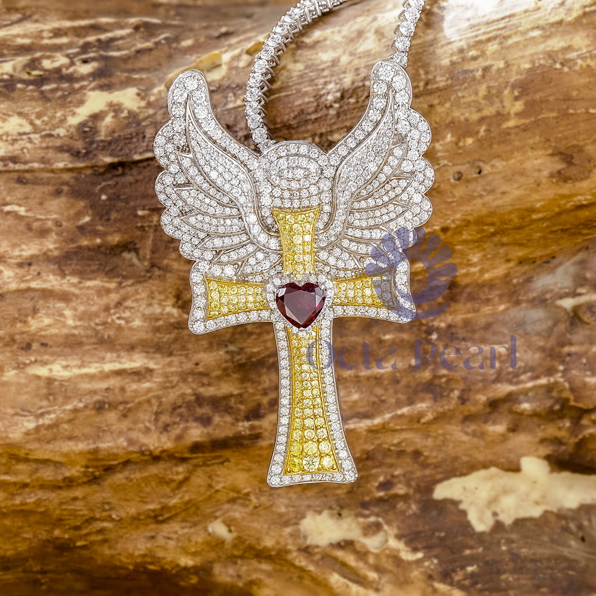 Red Heart & Round CZ Stone Angle Wings Cross Pendant With Brooch In 925 Silver (8 2/7 TCW)