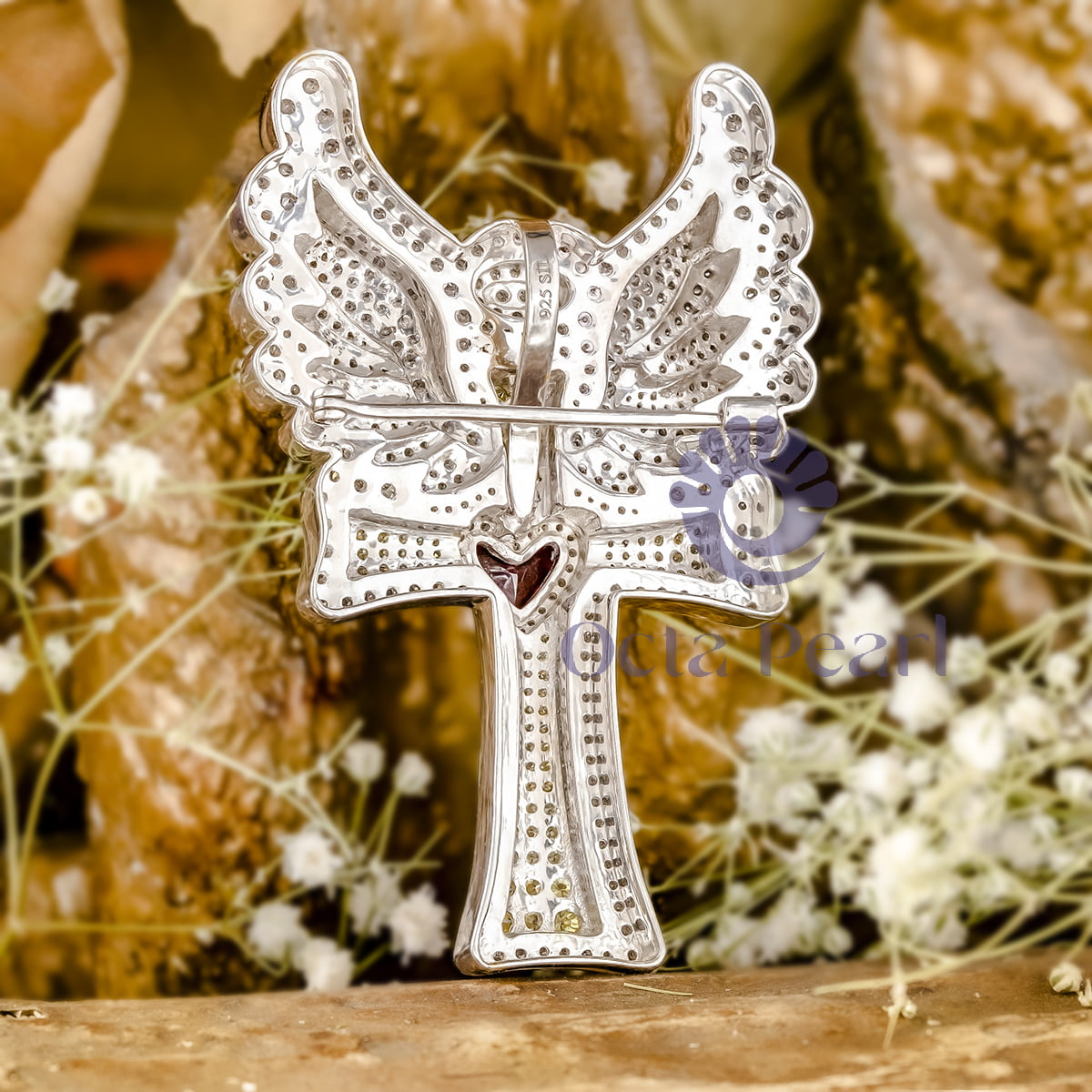 Red Heart & Round CZ Stone Angle Wings Cross Pendant With Brooch In 925 Silver (8 2/7 TCW)