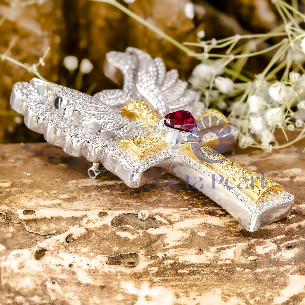 Red Garnet Heart & Round CZ Stone Angle Wings Cross Pendant With Brooch In 925 Silver (8 2/7 TCW)
