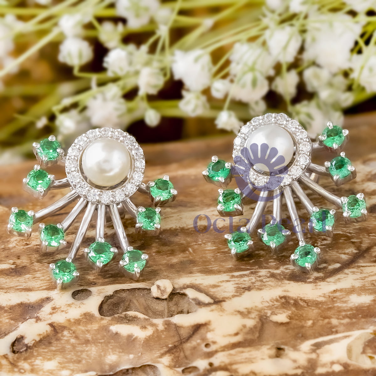 Pearl With Round Green & White Stone CZ Halo Stud Earrings Jackets