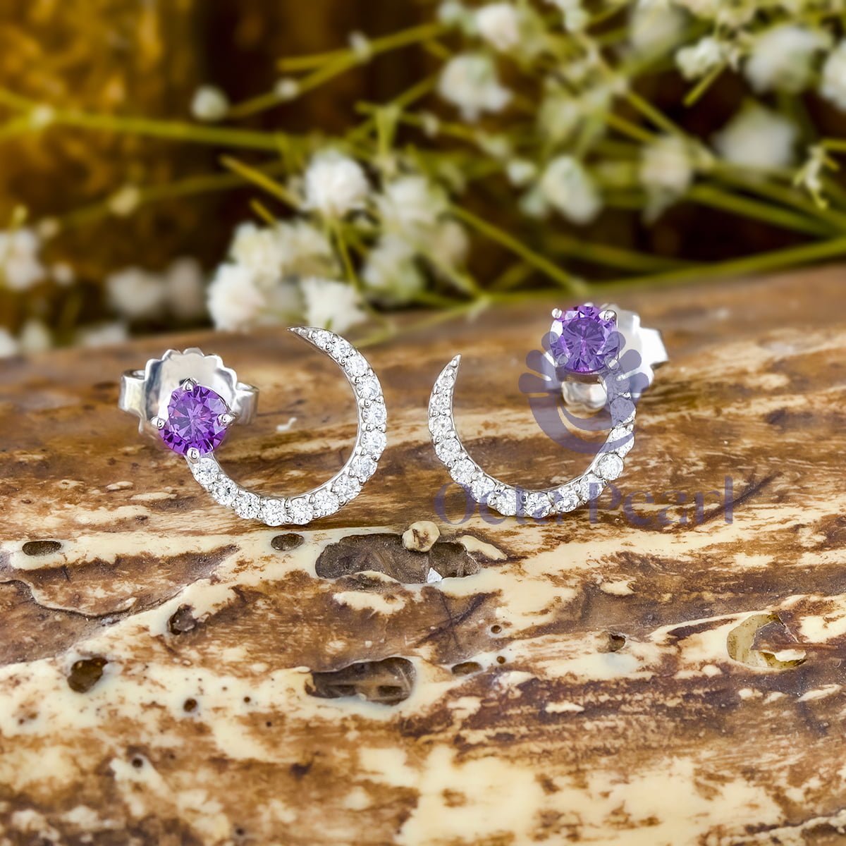 Round Cut Amethyst CZ Stone Half Moon Design Push Back Stud Earrings For Mother's Day Gift