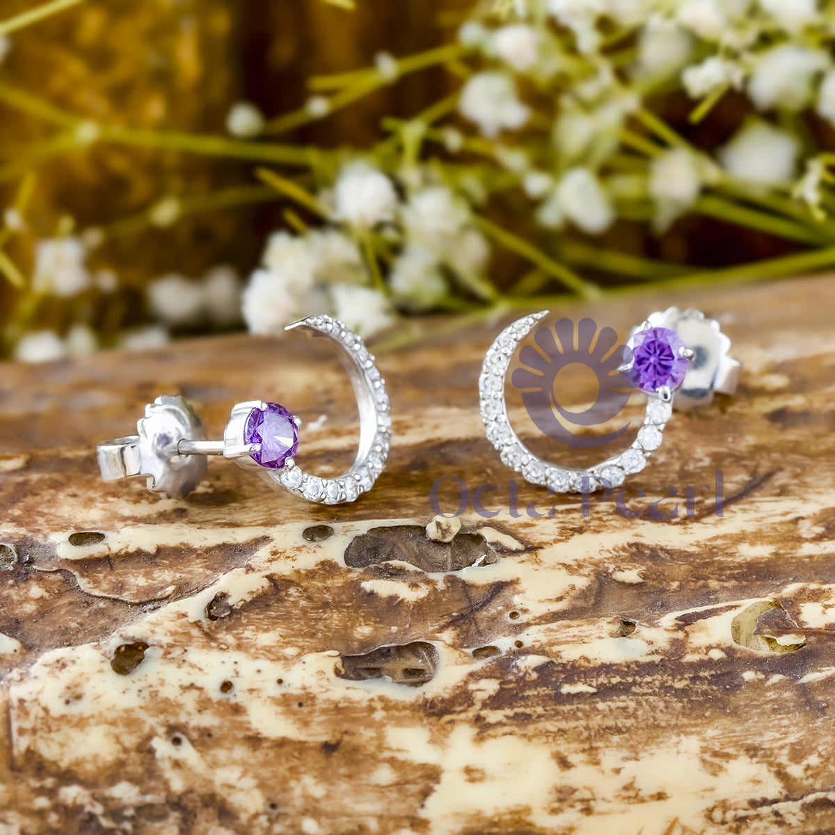 Round Cut Purple CZ Stone Half Moon Design Push Back Stud Earrings For Mother's Day Gift
