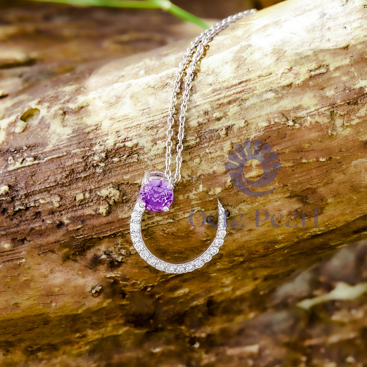 Amethyst With White Round CZ Stone Half Moon Style Dainty Pendant For Birthday Gift