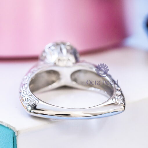 Bezel Set Round Moissanite Art Deco Engrave Style Euro Shank Engagement Ring