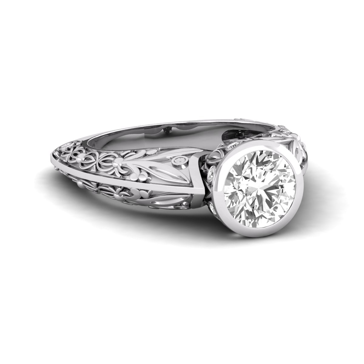 Bezel Set Round Moissanite Art Deco Engrave Style Euro Shank Engagement Ring (2 2/33 TCW)
