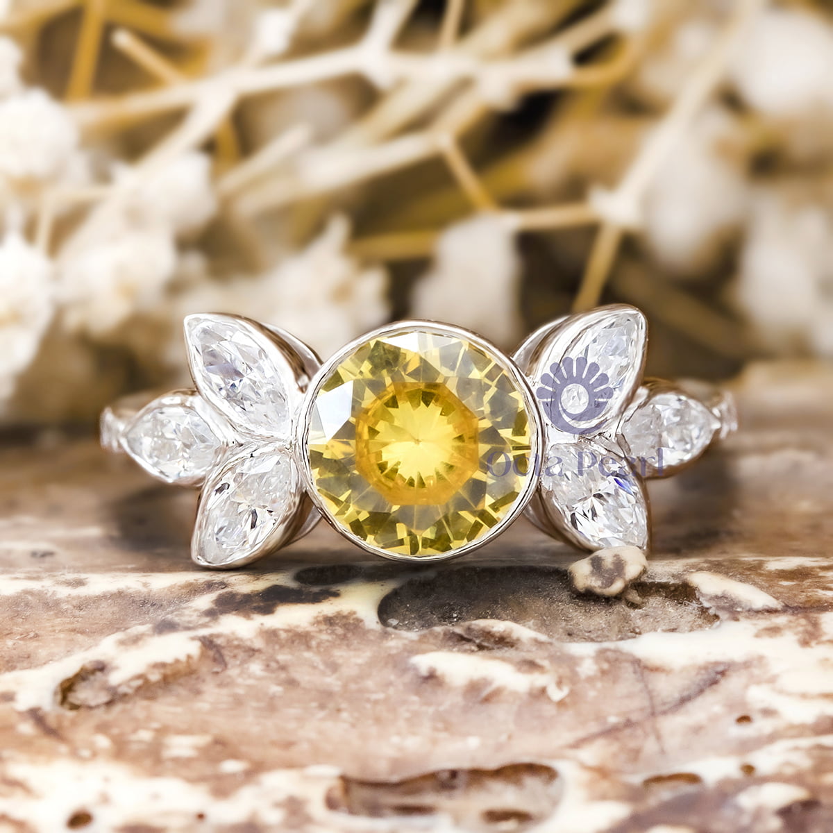Yellow Flower Ring With Marquise CZ Stone