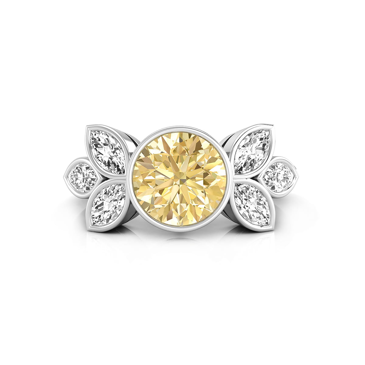 Canary Yellow Round With White Marquise CZ Stone Leaf Inspire Ring (2 1/4 TCW)