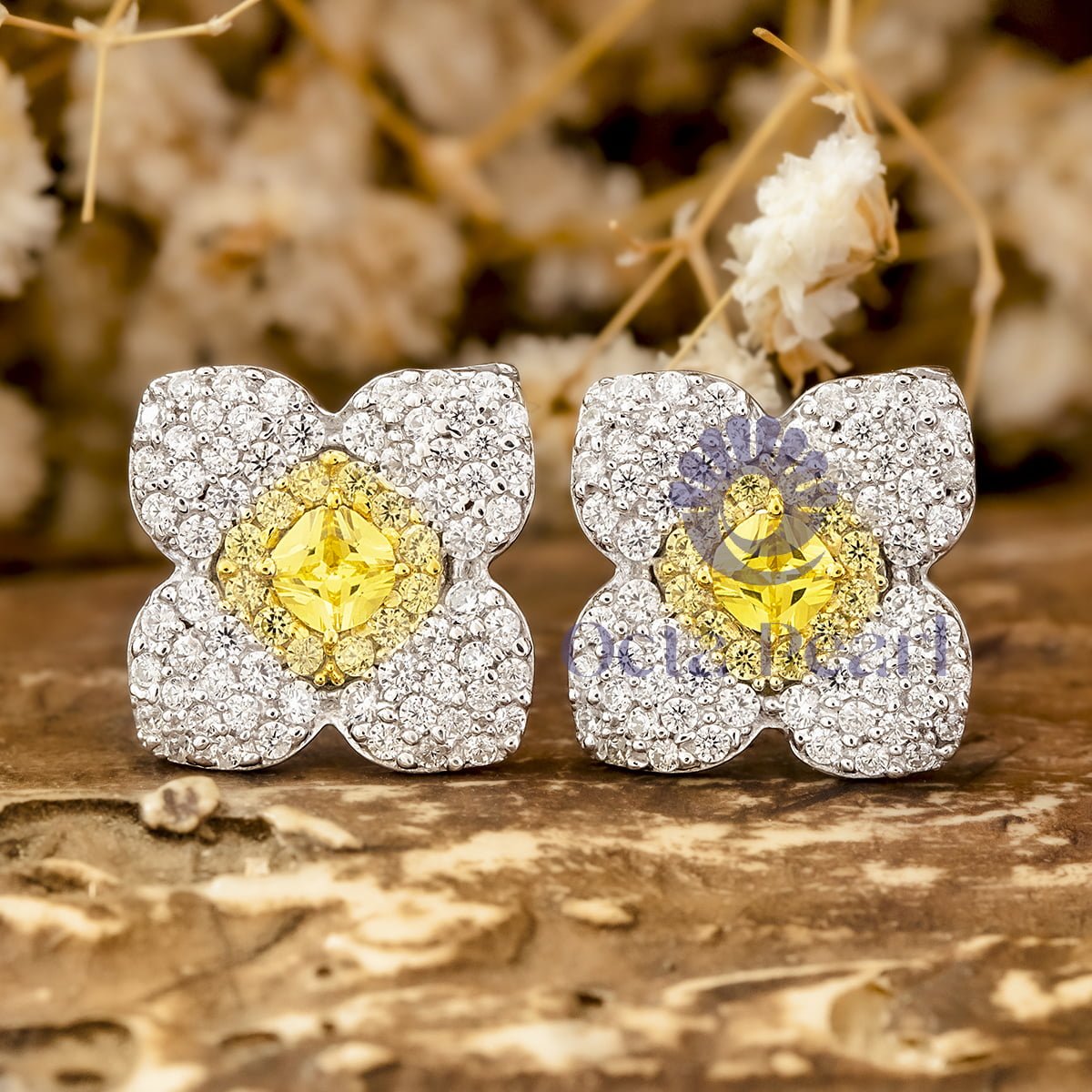 Canary Yellow Cushion Cut CZ Stone Floral Inspire Stud Earring For Mother's Day Gift ( 1 7/10 TCW )