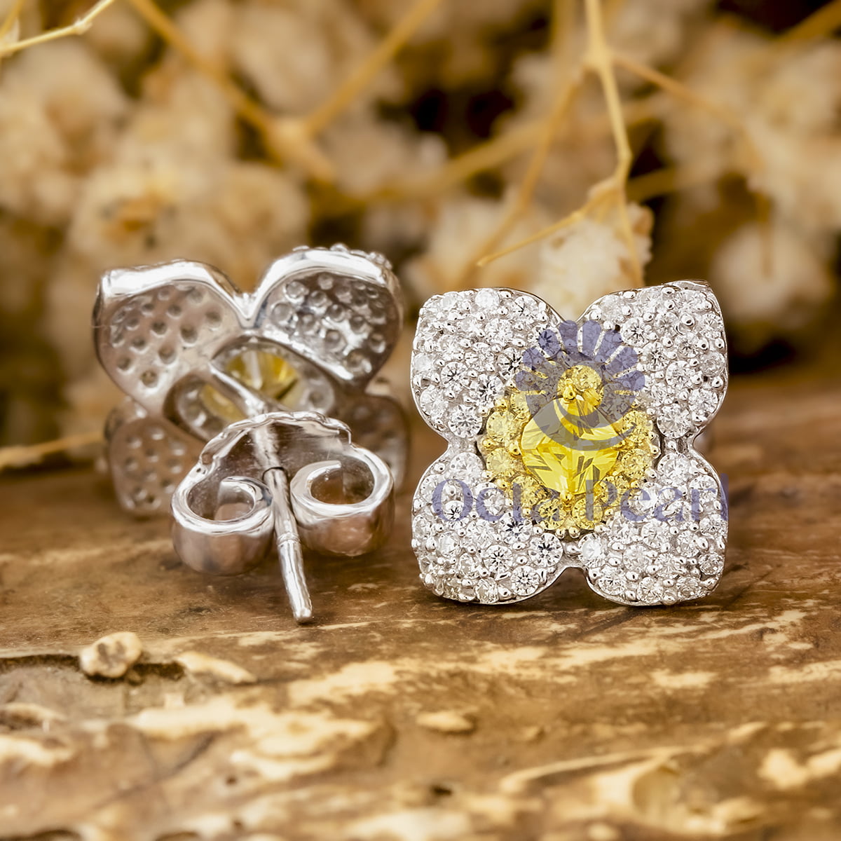 Yellow Cushion Cut CZ Stone Floral Inspire Stud Earring For Mother's Day Gift ( 1 7/10 TCW )