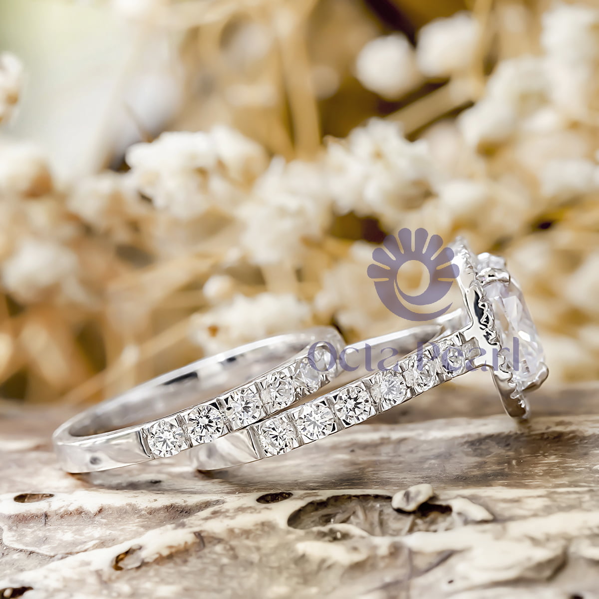 Cushion With Round Moissanite Halo Engagement Ring With Wedding Band (3 3/5 TCW)