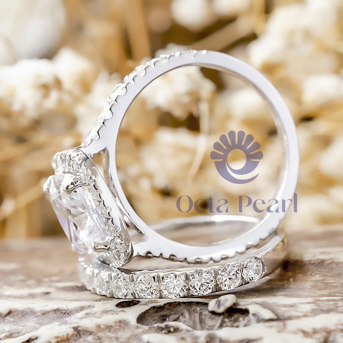 Cushion With Round Moissanite Halo Engagement Ring With Wedding Band (3 3/5 TCW)