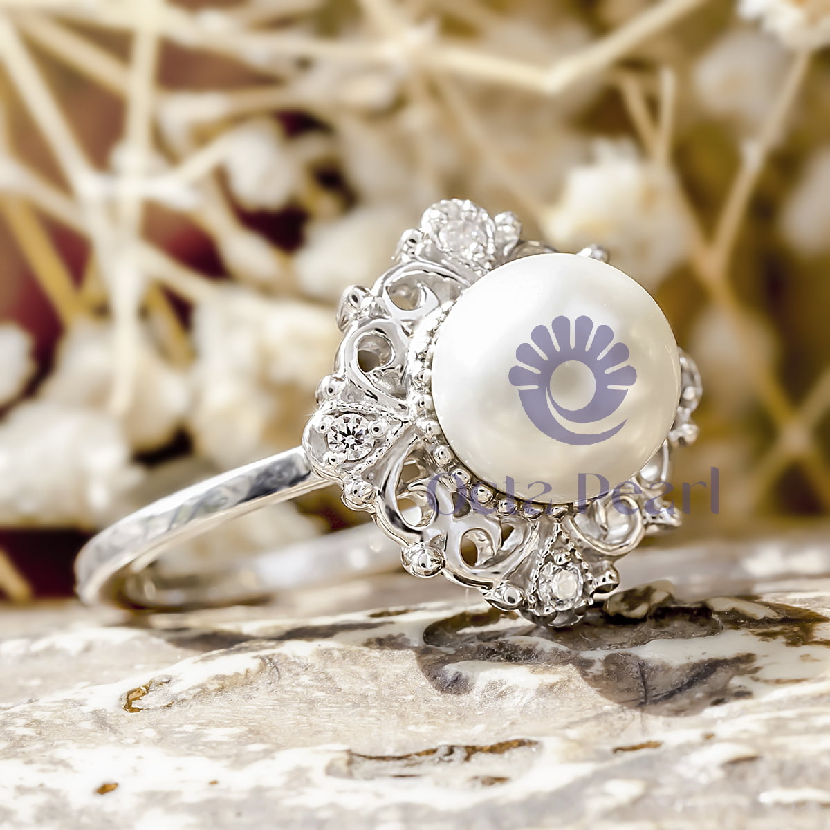 Freshwater Pearl With Round CZ Stone Filigree Work Wedding Proposal Ring