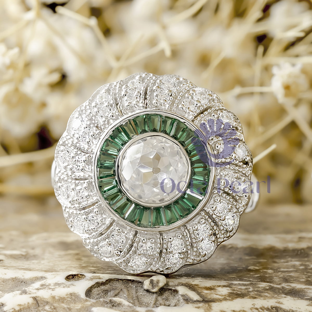 Old European Cut With Green Baguette CZ Stone Halo Miligrain Floral Art Deco Ring
