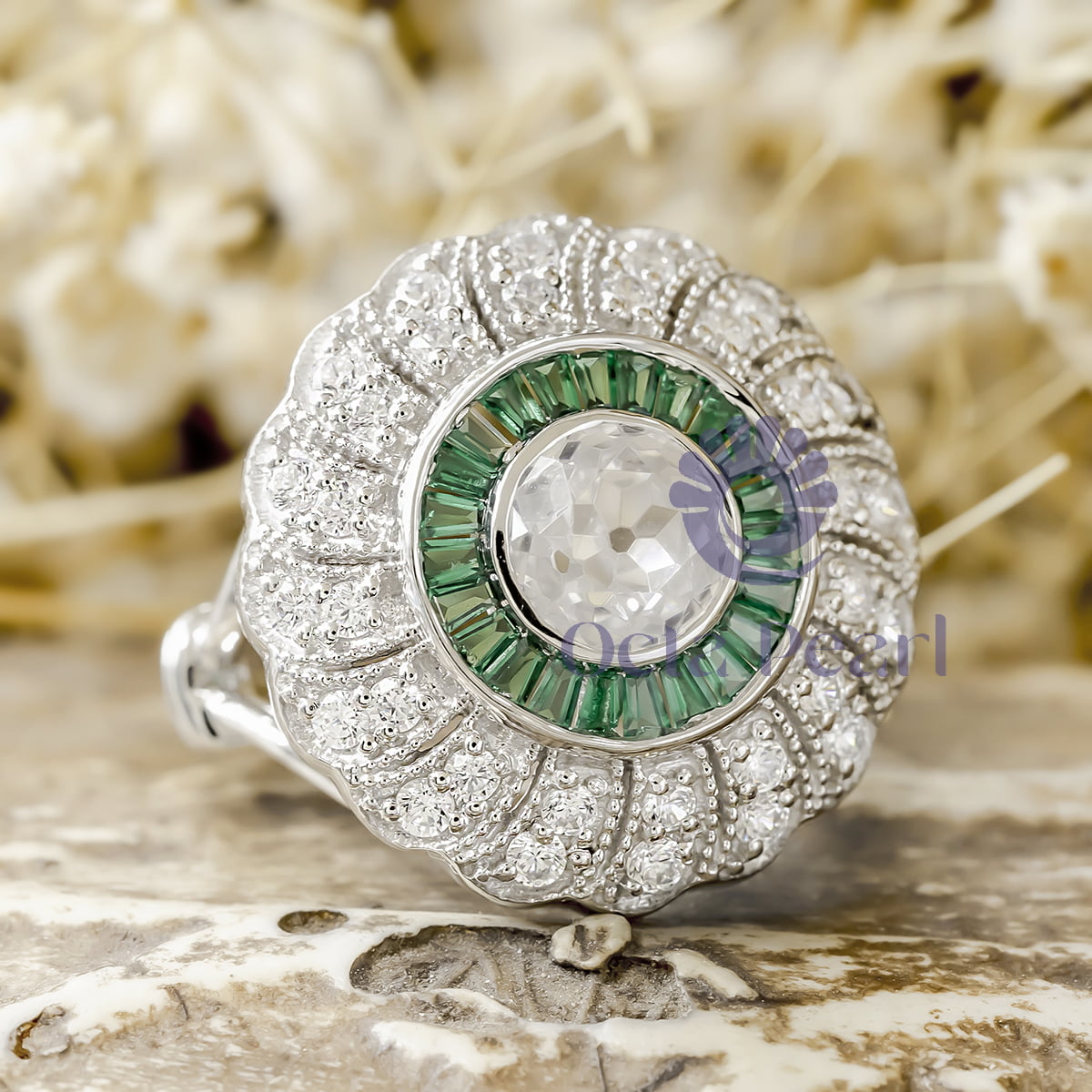 Old European Cut With Green Baguette CZ Stone Halo Miligrain Floral Art Deco Ring