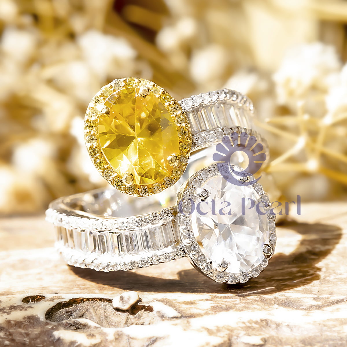 Canary Yellow & White Oval With Baguette CZ Stone Bypass Shank Halo Engagement Ring
