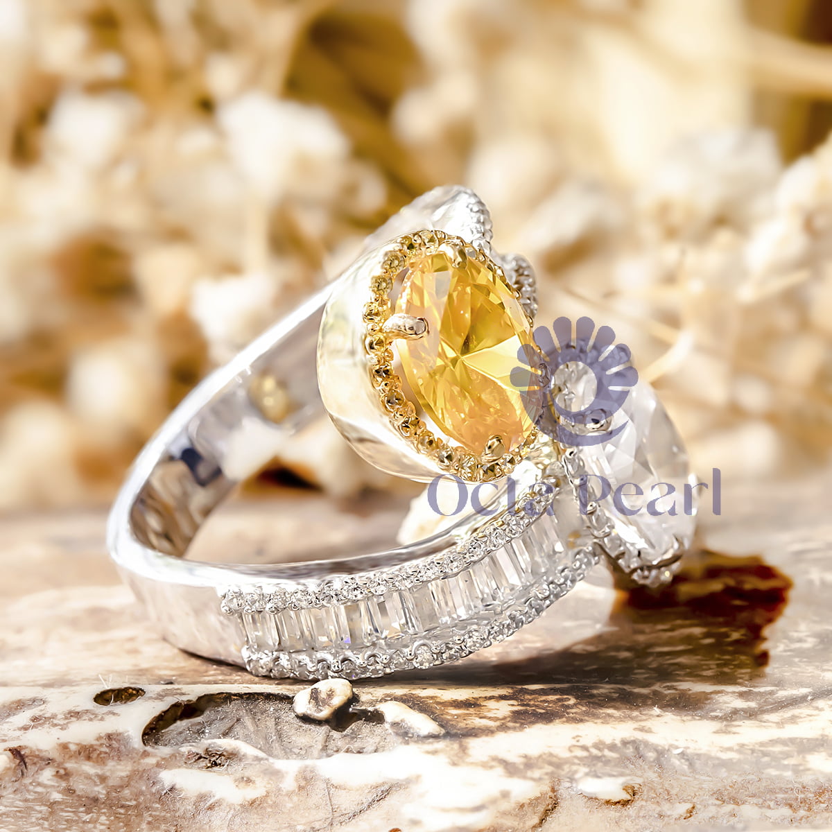 Canary Yellow & White Oval With Baguette CZ Stone Bypass Shank Halo Engagement Ring