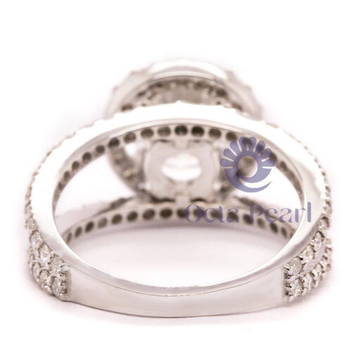 Halo Round Cut Moissanite Split Shank Engagement Ring
