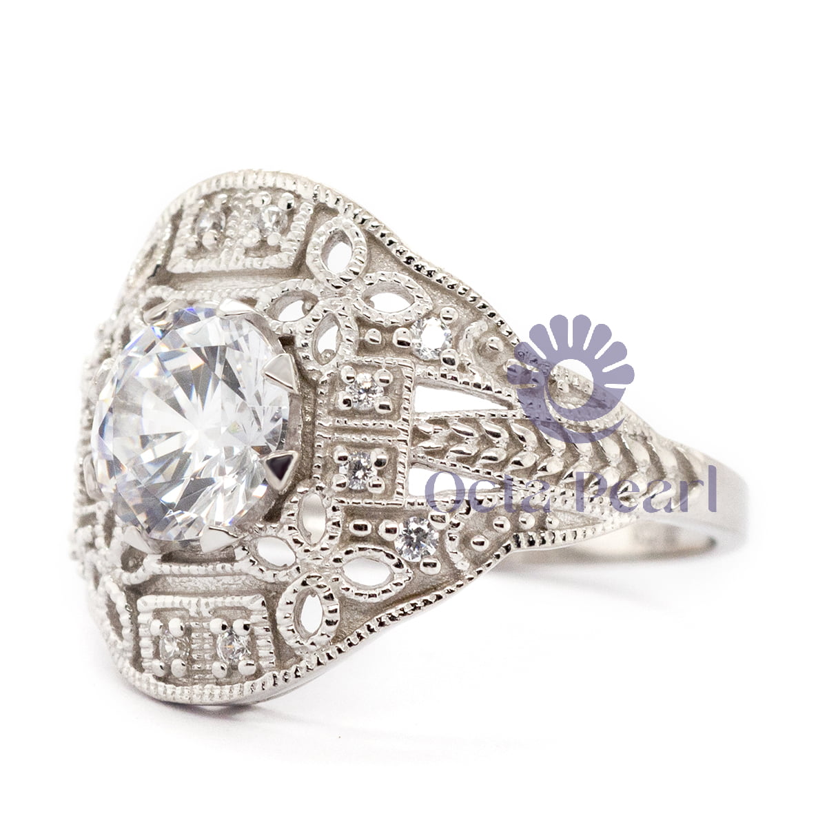 Round Cut Moissanite Filigree Work Art Deco Vintage Ring For Women ( 1 9/10 TCW )
