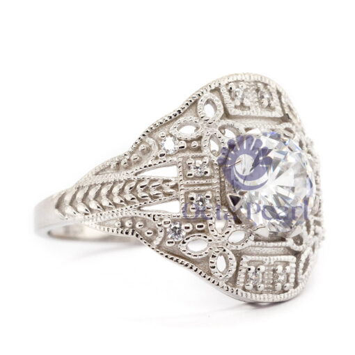 Round Cut Moissanite Filigree Work Art Deco Vintage Ring For Women