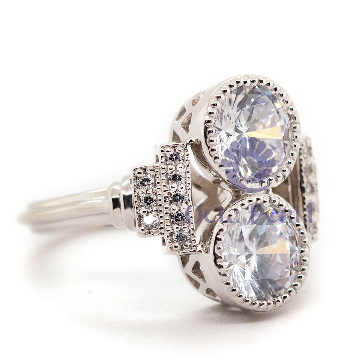 Milgrain Bezel Set Round Moissanite Two Stone Art Deco Vintage Wedding Ring ( 2  1/3 TCW )