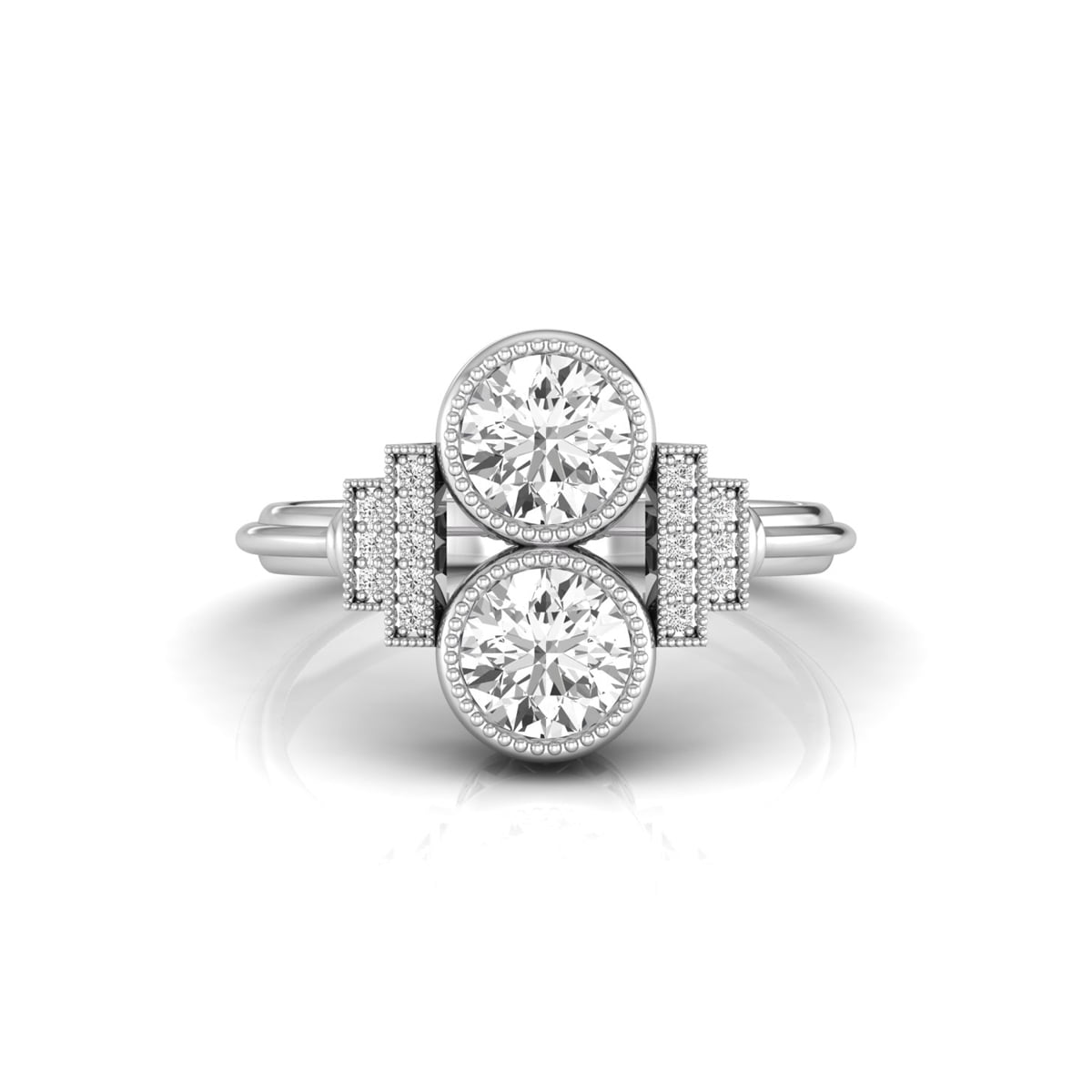 Art Deco-Inspired Two Stone Wedding Ring with Milgrain Bezel Set Round Moissanite