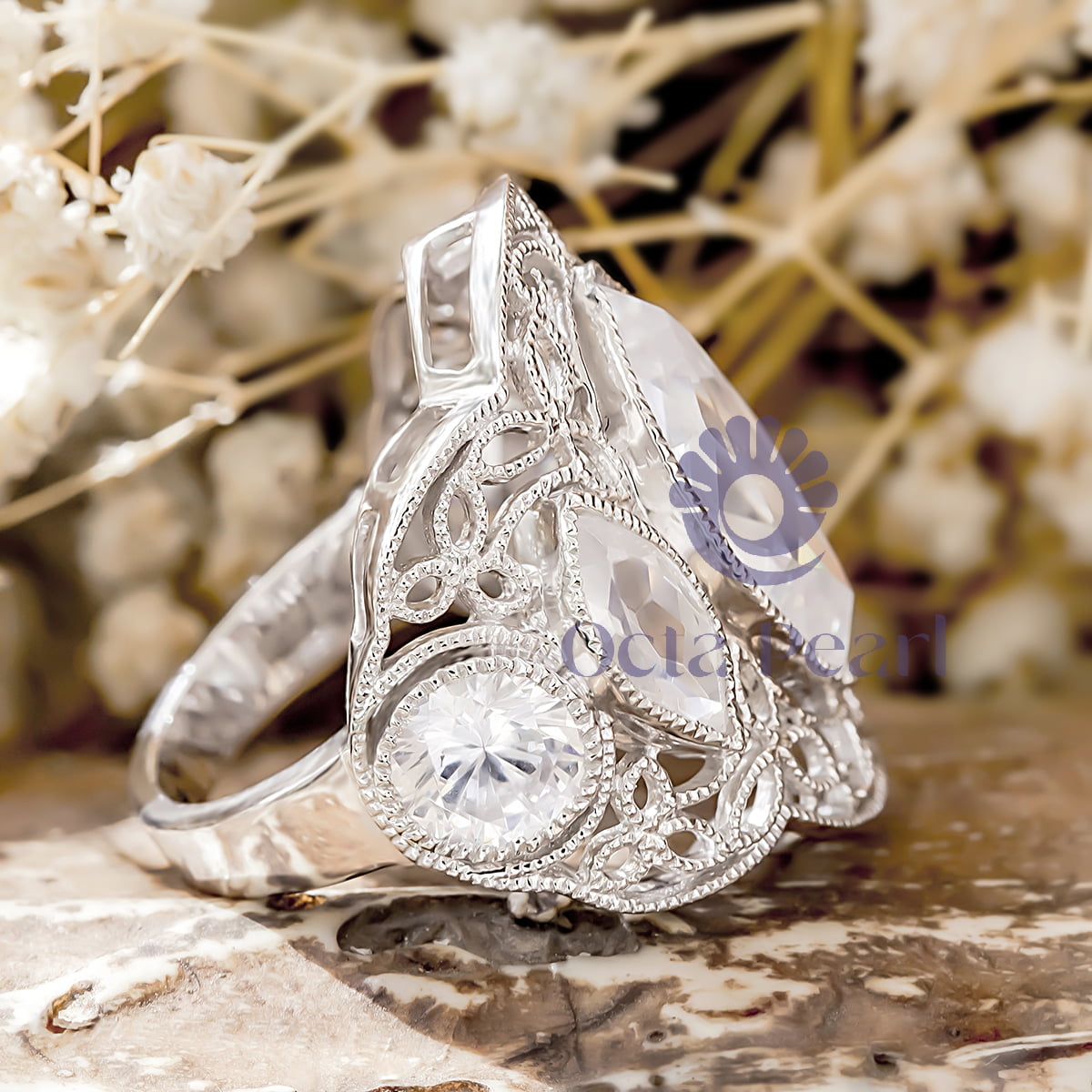 Milgrain Bezel Set Marquise & Round Cut CZ Stone Filigree Work Art Deco Ring (9 3/10 TCW)