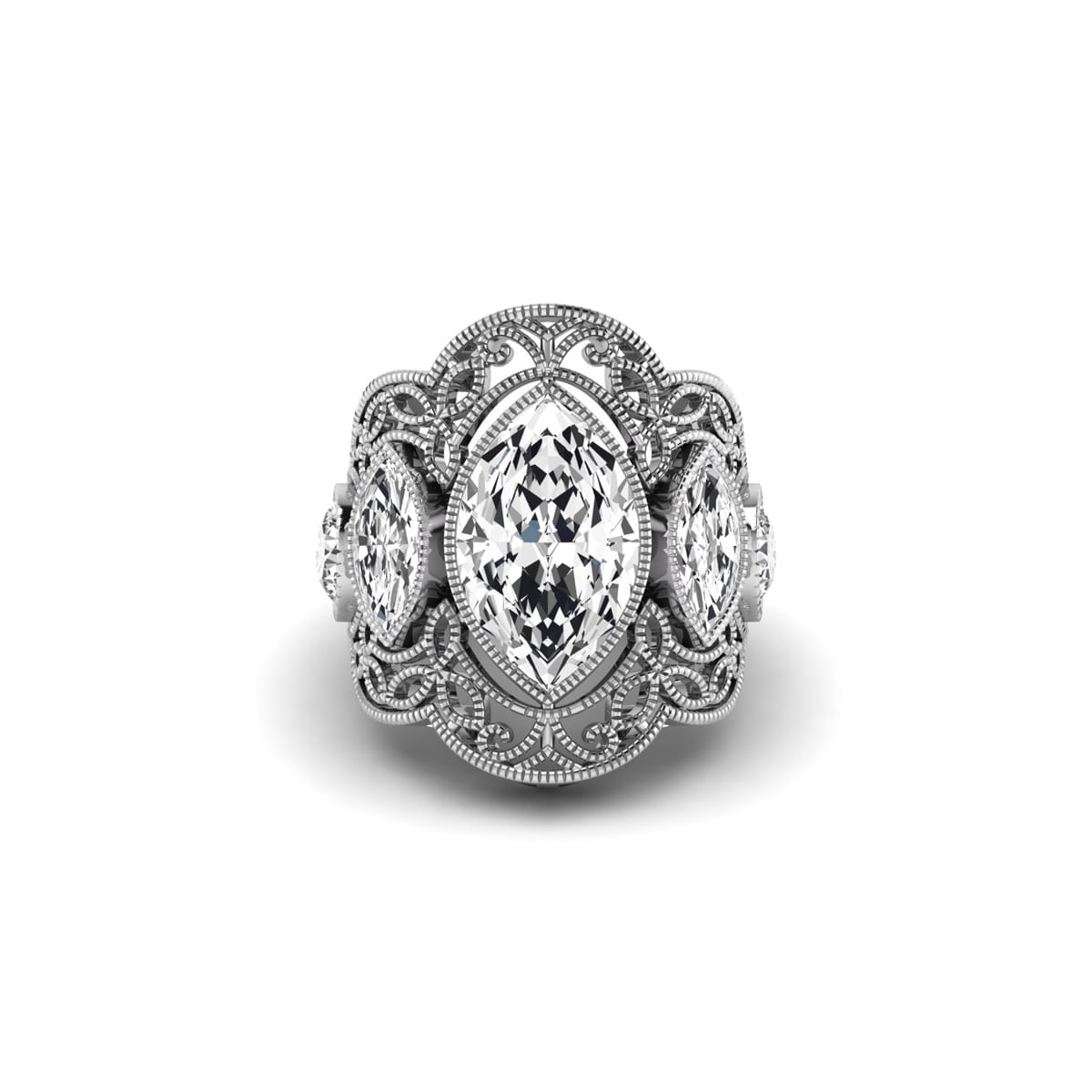 Milgrain Bezel Set Marquise & Round Cut CZ Stone Filigree Work Art Deco Ring