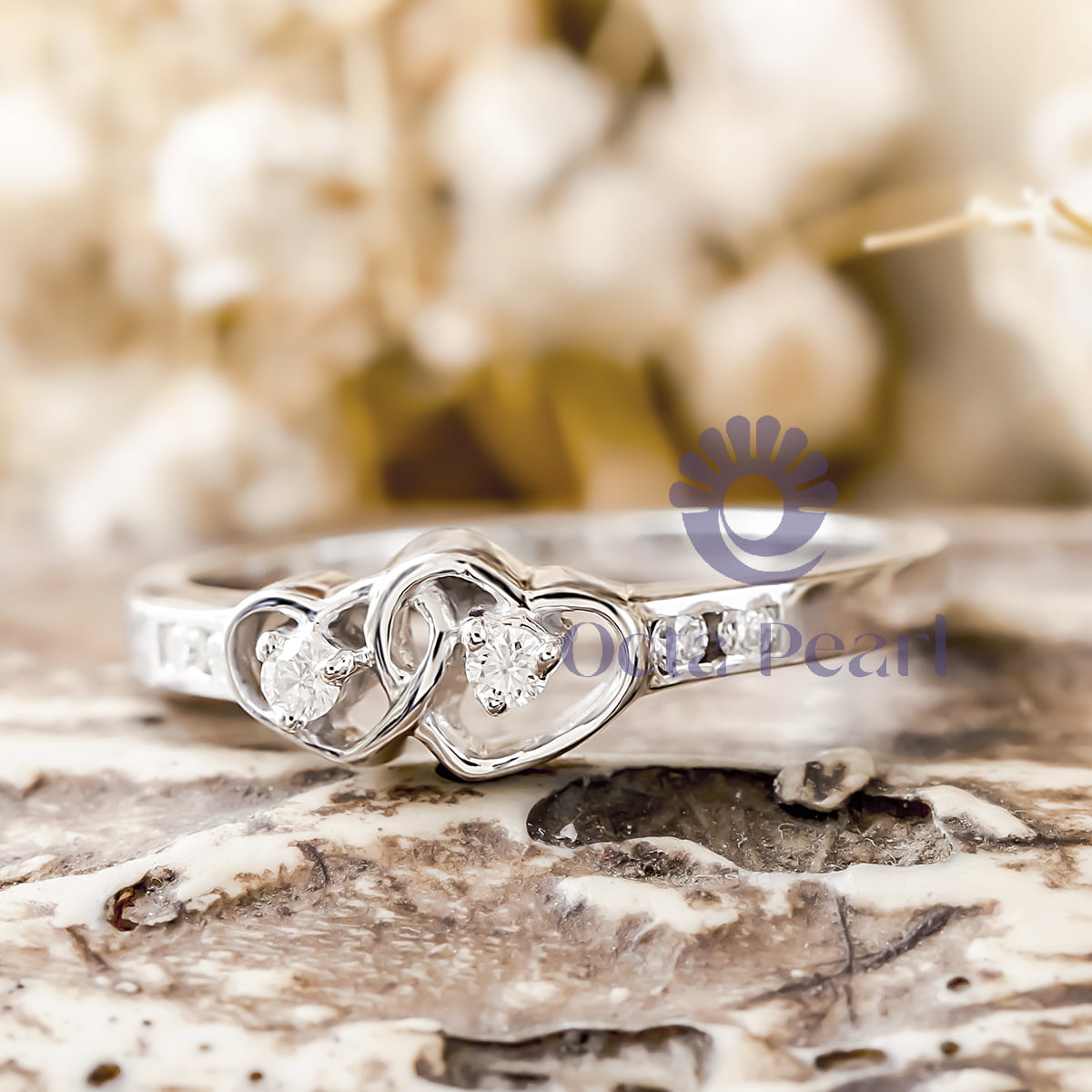 Round Moissanite Double Heart Connected Ring For Wedding Engagement & Mother's day