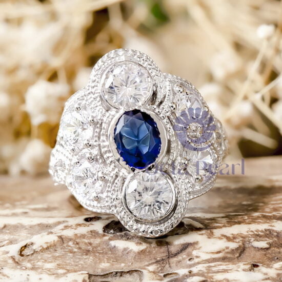 Oval Blue Sapphire Art Deco Vintage-inspired Ring with Round Cut CZ Seven Stone Milgrain