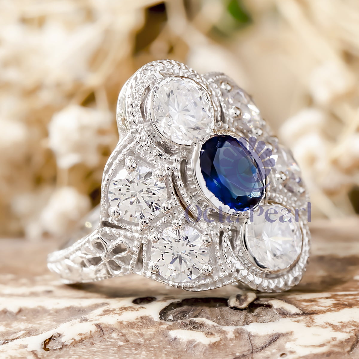 Blue Sapphire Oval With Round Cut CZ Seven Stone Milgrain Art Deco Vintage Ring