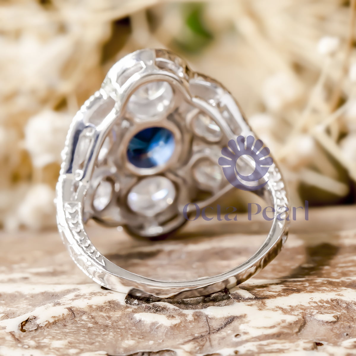Oval Blue Sapphire Art Deco Vintage-inspired Ring with Round Cut CZ Seven Stone Milgrain